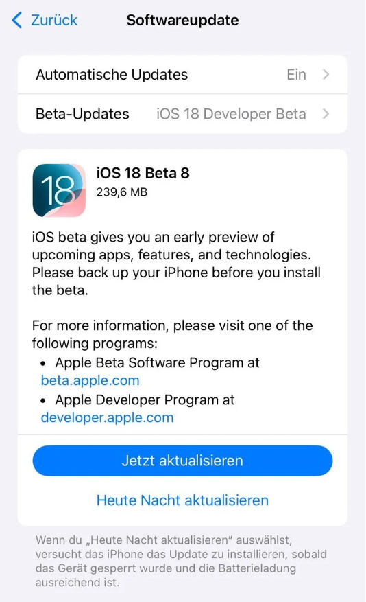 邳州苹果手机维修分享苹果 iOS / iPadOS 18 开发者预览版 Beta 8 发布 